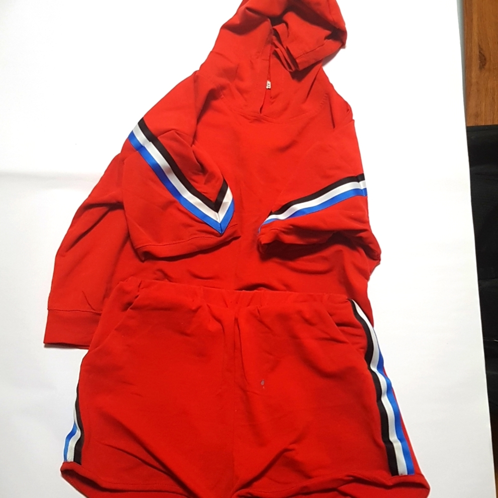 Red 2 peice with blue black and red stripes